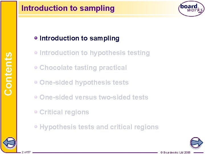 Introduction to sampling Contents Introduction to hypothesis testing Chocolate tasting practical One-sided hypothesis tests