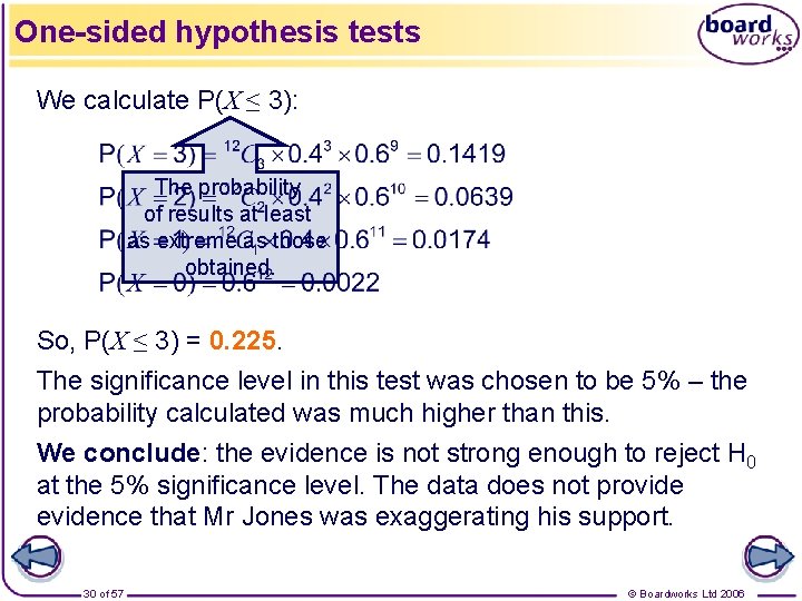 One-sided hypothesis tests We calculate P(X ≤ 3): The probability of results at least