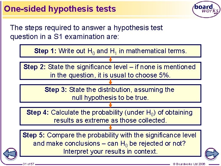 One-sided hypothesis tests The steps required to answer a hypothesis test question in a