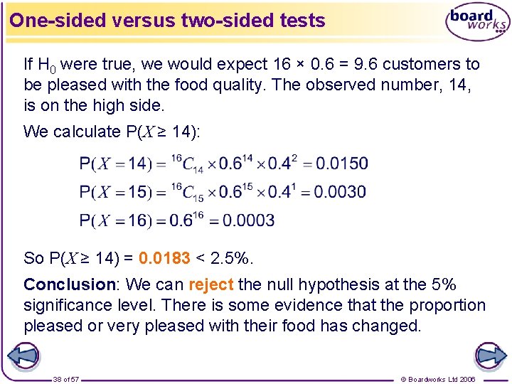 One-sided versus two-sided tests If H 0 were true, we would expect 16 ×