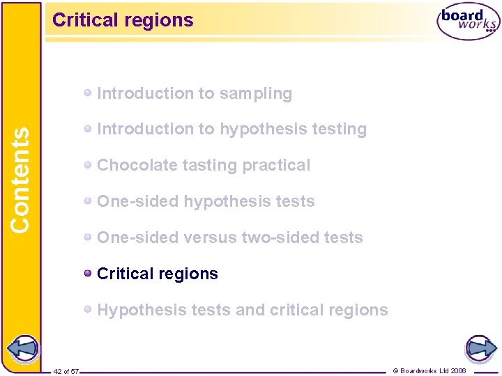 Critical regions Introduction to sampling Contents Introduction to hypothesis testing Chocolate tasting practical One-sided