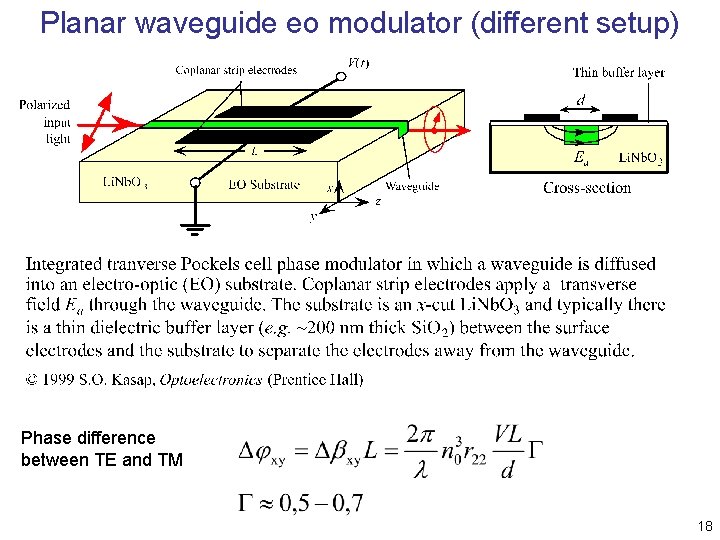 Planar waveguide eo modulator (different setup) Phase difference between TE and TM 18 Planar waveguide eo modulator (different setup) Phase difference between TE and TM 18