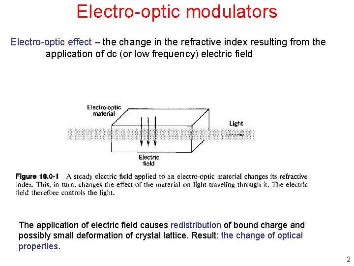 Electro-optic modulators Electro-optic effect – the change in the refractive index resulting from the Electro-optic modulators Electro-optic effect – the change in the refractive index resulting from the
