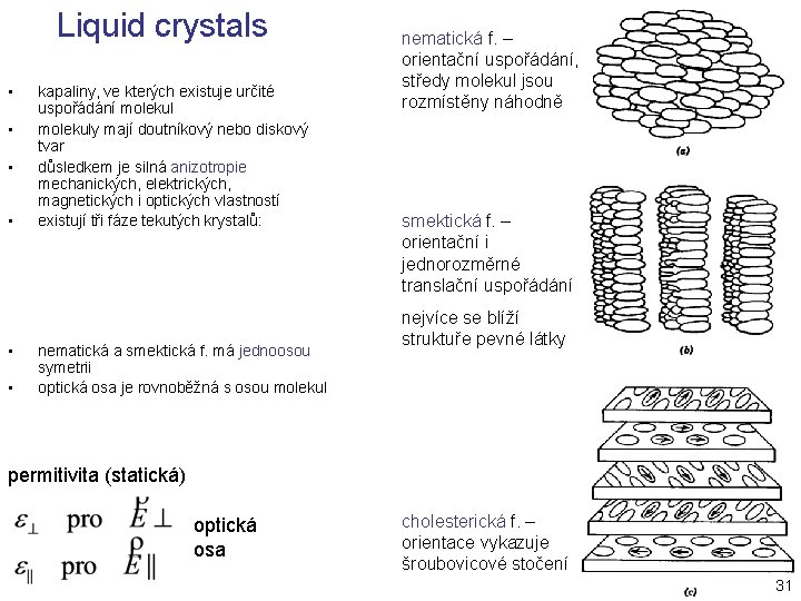 Liquid crystals • • • kapaliny, ve kterých existuje určité uspořádání molekuly mají doutníkový Liquid crystals • • • kapaliny, ve kterých existuje určité uspořádání molekuly mají doutníkový
