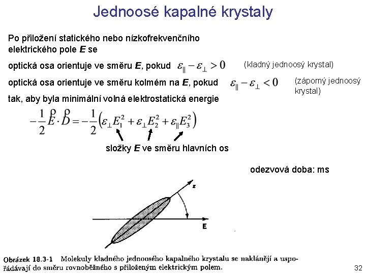 Jednoosé kapalné krystaly Po přiložení statického nebo nízkofrekvenčního elektrického pole E se optická osa Jednoosé kapalné krystaly Po přiložení statického nebo nízkofrekvenčního elektrického pole E se optická osa