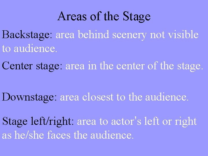 Areas of the Stage Backstage: area behind scenery not visible to audience. Center stage: