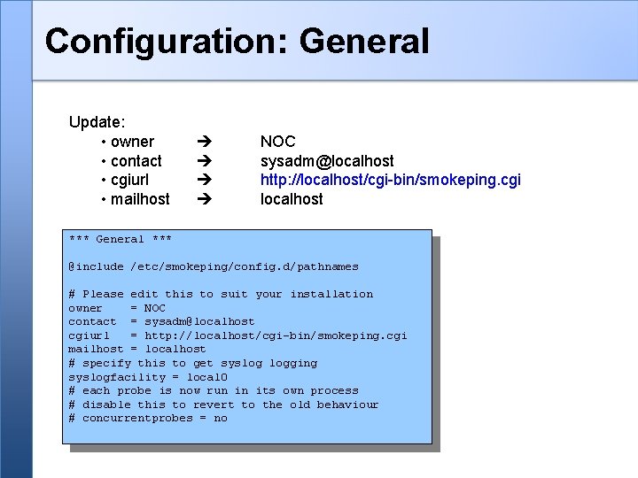 Configuration: General Update: • owner • contact • cgiurl • mailhost NOC sysadm@localhost http: