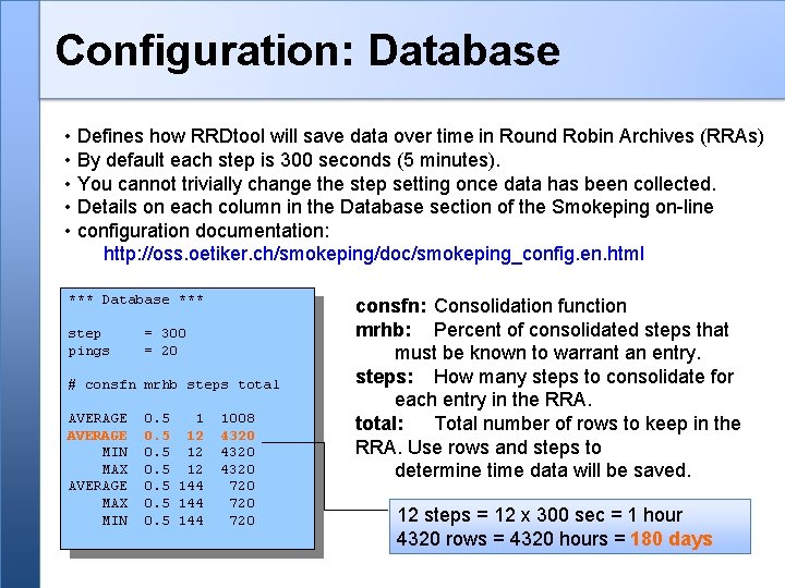 Configuration: Database • Defines how RRDtool will save data over time in Round Robin