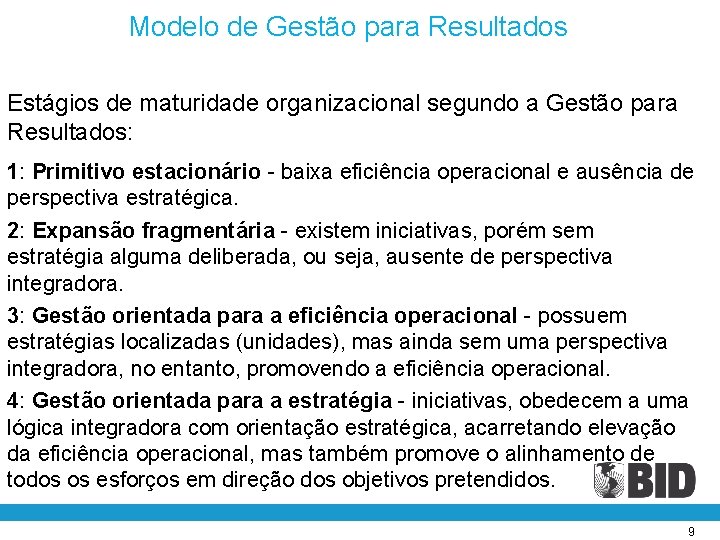 Modelo de Gestão para Resultados Estágios de maturidade organizacional segundo a Gestão para Resultados: