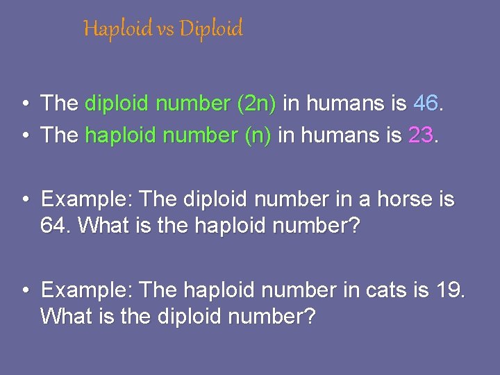 Haploid vs Diploid • The diploid number (2 n) in humans is 46. • Haploid vs Diploid • The diploid number (2 n) in humans is 46. •