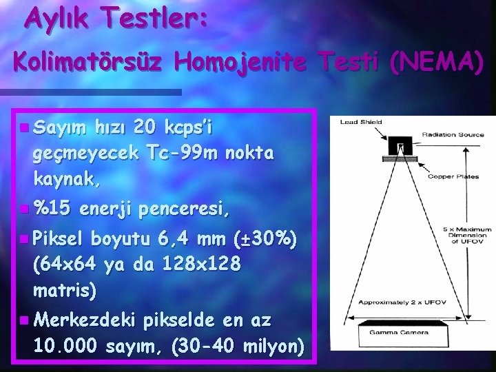 Aylık Testler: Kolimatörsüz Homojenite Testi (NEMA) n Sayım hızı 20 kcps’i geçmeyecek Tc-99 m