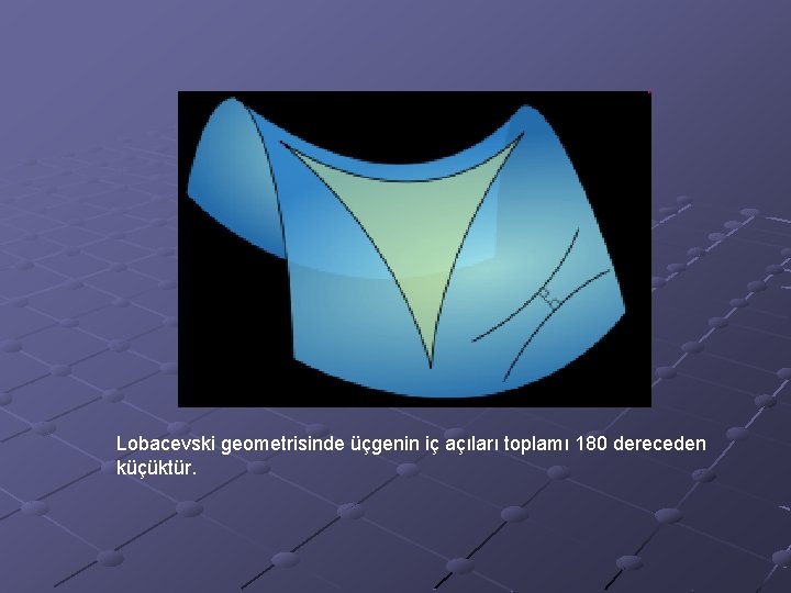 Lobacevski geometrisinde üçgenin iç açıları toplamı 180 dereceden küçüktür. 
