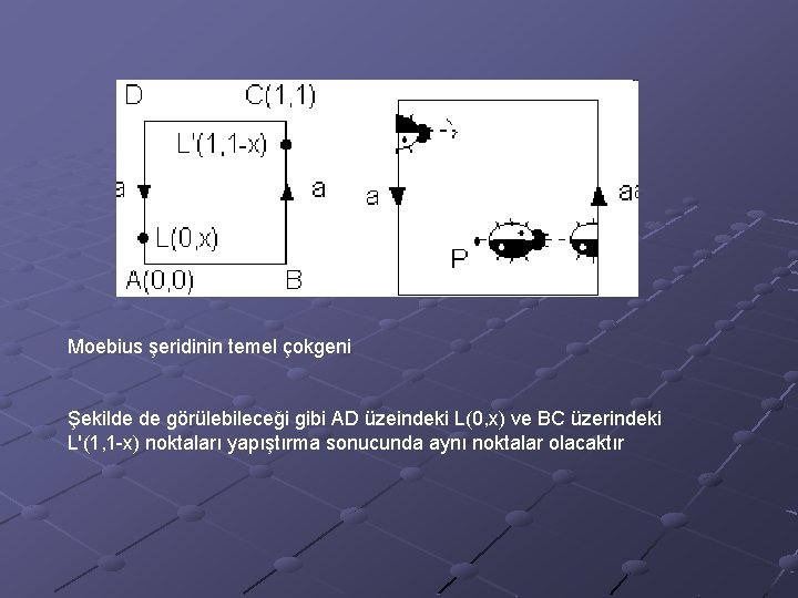 Moebius şeridinin temel çokgeni Şekilde de görülebileceği gibi AD üzeindeki L(0, x) ve BC