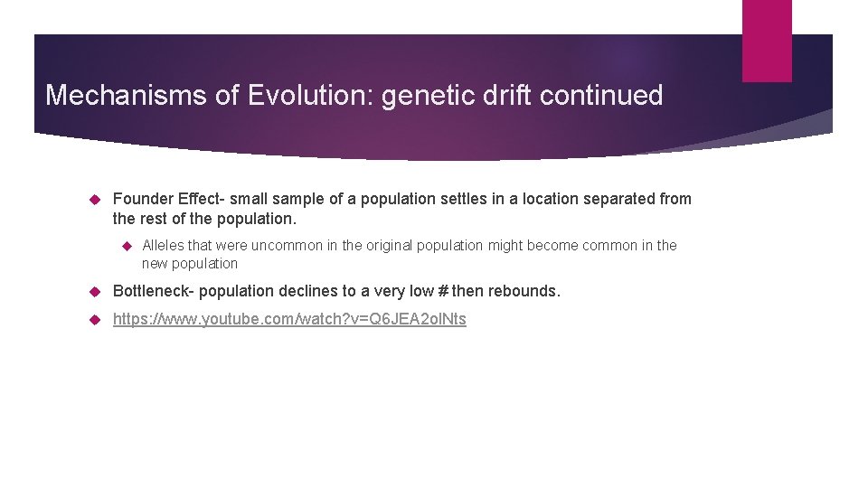 Mechanisms of Evolution: genetic drift continued Founder Effect- small sample of a population settles
