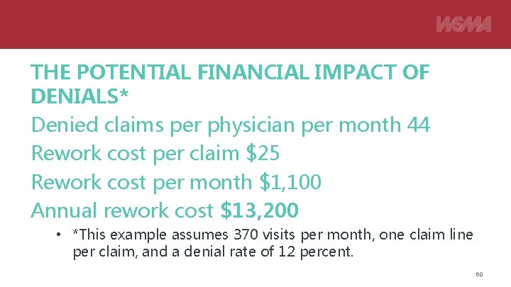 THE POTENTIAL FINANCIAL IMPACT OF DENIALS* Denied claims per physician per month 44 Rework