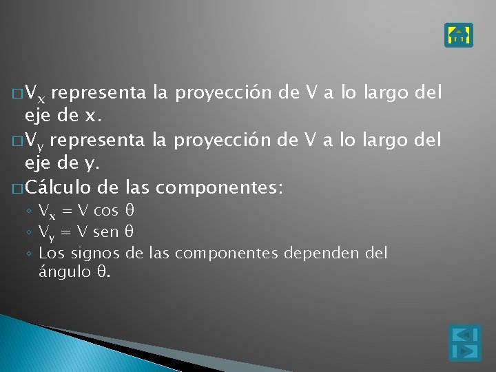 � Vx representa la proyección de V a lo largo del eje de x.