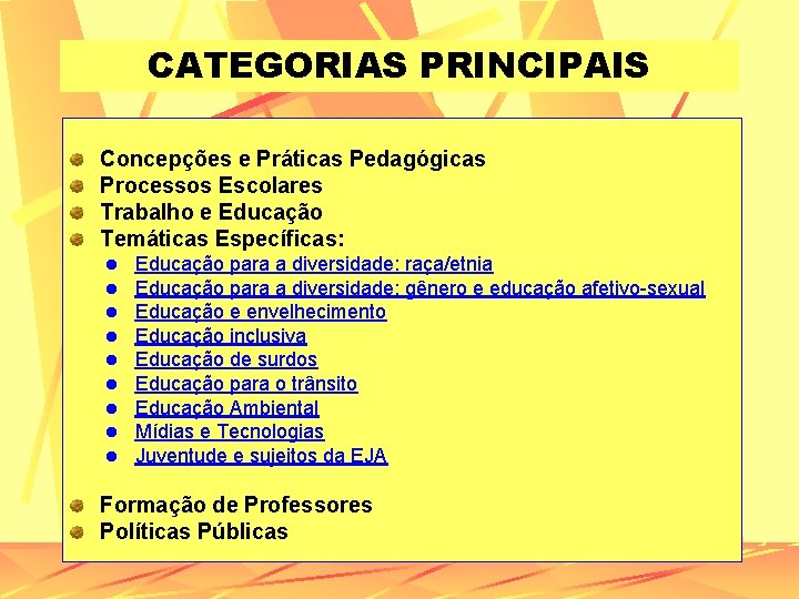 CATEGORIAS PRINCIPAIS Concepções e Práticas Pedagógicas Processos Escolares Trabalho e Educação Temáticas Específicas: l