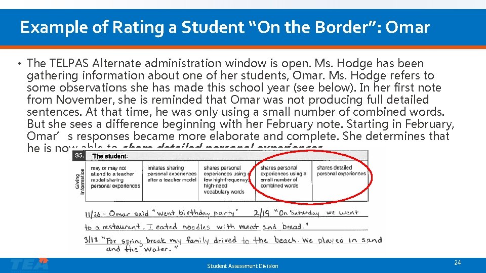 Example of Rating a Student “On the Border”: Omar • The TELPAS Alternate administration Example of Rating a Student “On the Border”: Omar • The TELPAS Alternate administration