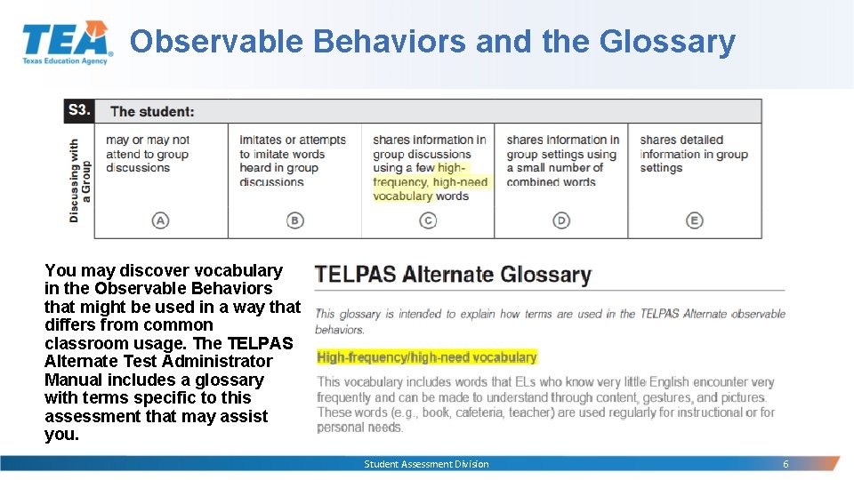Observable Behaviors and the Glossary You may discover vocabulary in the Observable Behaviors that Observable Behaviors and the Glossary You may discover vocabulary in the Observable Behaviors that