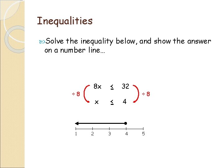 Inequalities Solve the inequality below, and show the answer on a number line… ÷