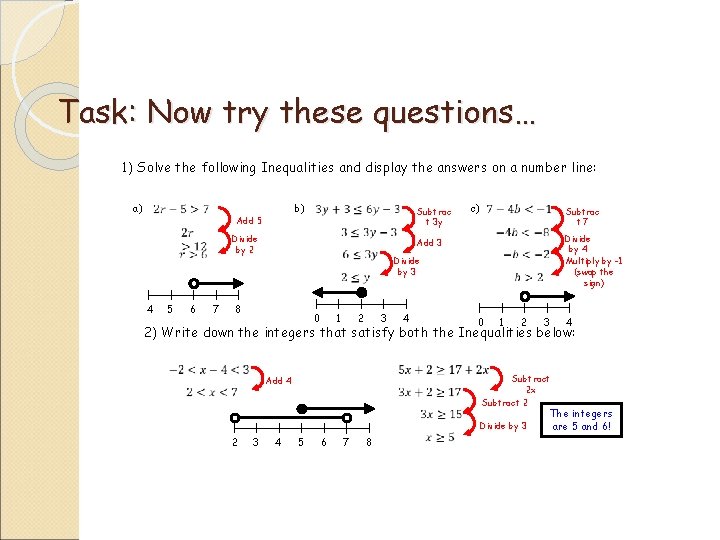 Task: Now try these questions… 1) Solve the following Inequalities and display the answers