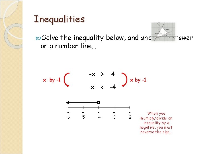 Inequalities Solve the inequality below, and show the answer on a number line… x