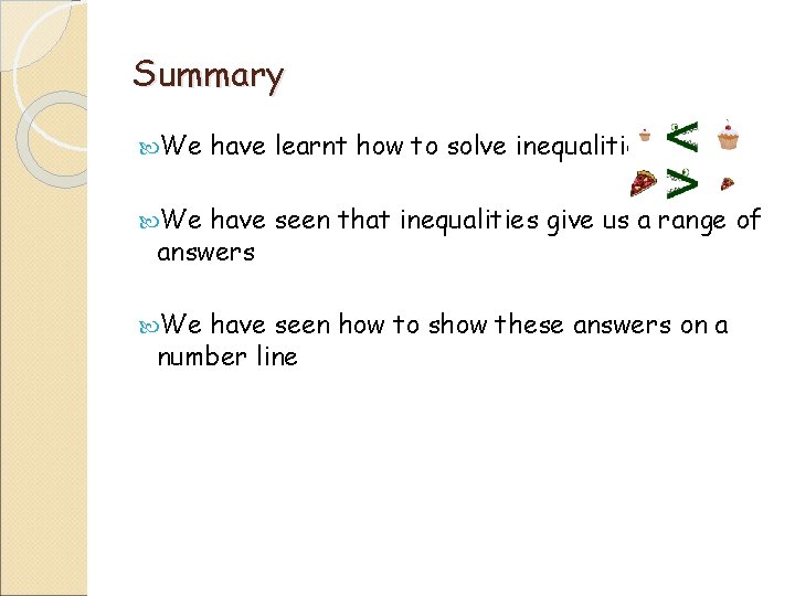 Summary We have learnt how to solve inequalities We have seen that inequalities give