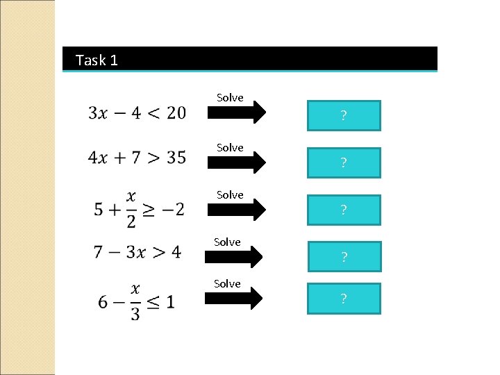 Task 1 Hint: Do the addition/subtraction before you do the multiplication/division. Solve Solve ?
