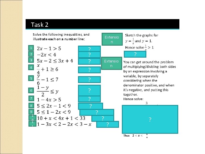 Task 2 Solve the following inequalities, and illustrate each on a number line: 1