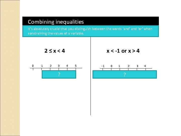 Combining inequalities It’s absolutely crucial that you distinguish between the words ‘and’ and ‘or’