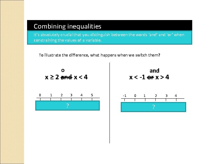 Combining inequalities It’s absolutely crucial that you distinguish between the words ‘and’ and ‘or’