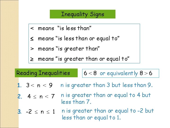 Inequality Signs < means “is less than” means “is less than or equal to”