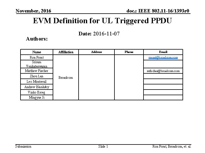 November, 2016 doc. : IEEE 802. 11 -16/1393 r 0 EVM Definition for UL