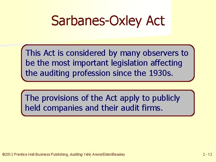 Sarbanes-Oxley Act This Act is considered by many observers to be the most important