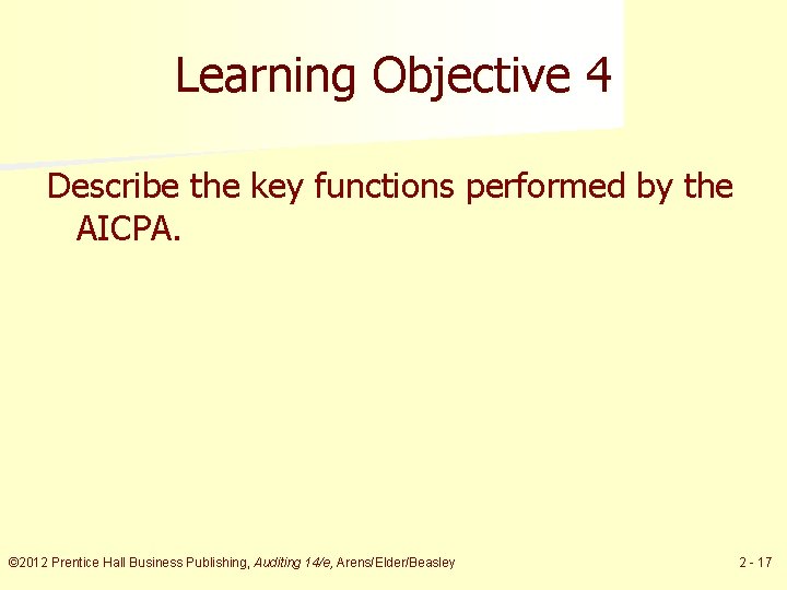 Learning Objective 4 Describe the key functions performed by the AICPA. © 2012 Prentice