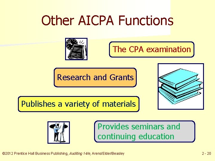 Other AICPA Functions The CPA examination Research and Grants Publishes a variety of materials