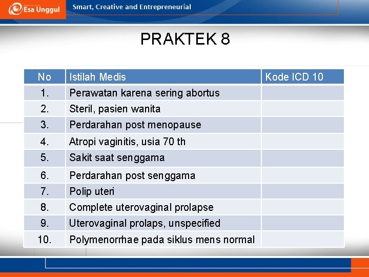 PRAKTEK 8 No Istilah Medis 1. Perawatan karena sering abortus 2. Steril, pasien wanita