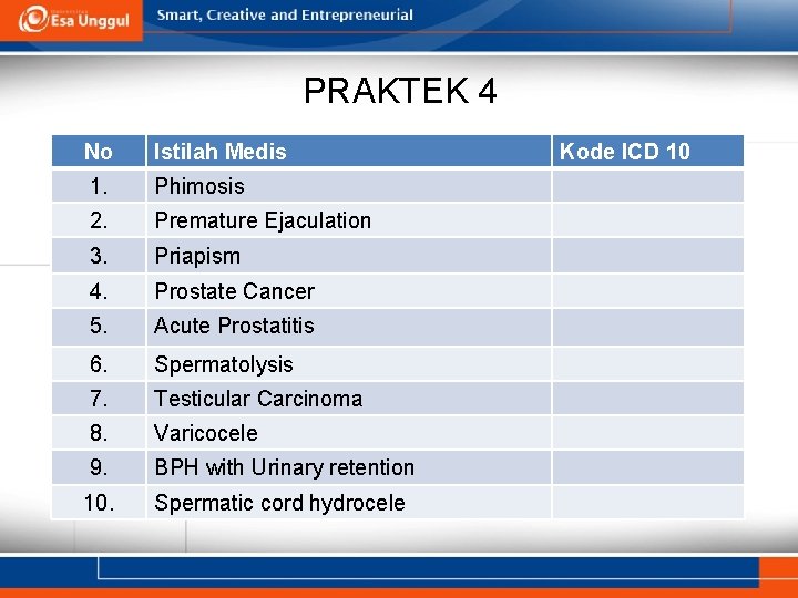 PRAKTEK 4 No Istilah Medis 1. Phimosis 2. Premature Ejaculation 3. Priapism 4. Prostate