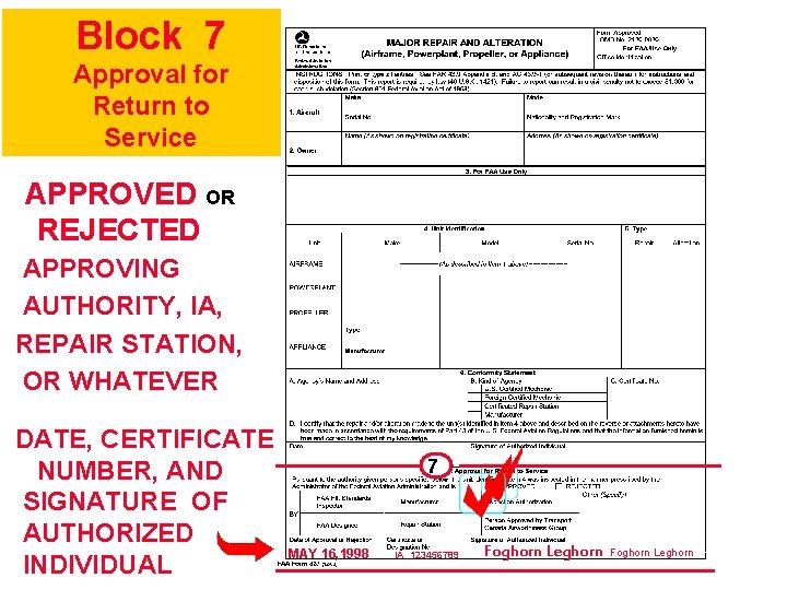 Block 7 Approval for Return to Service APPROVED OR REJECTED APPROVING AUTHORITY, IA, REPAIR