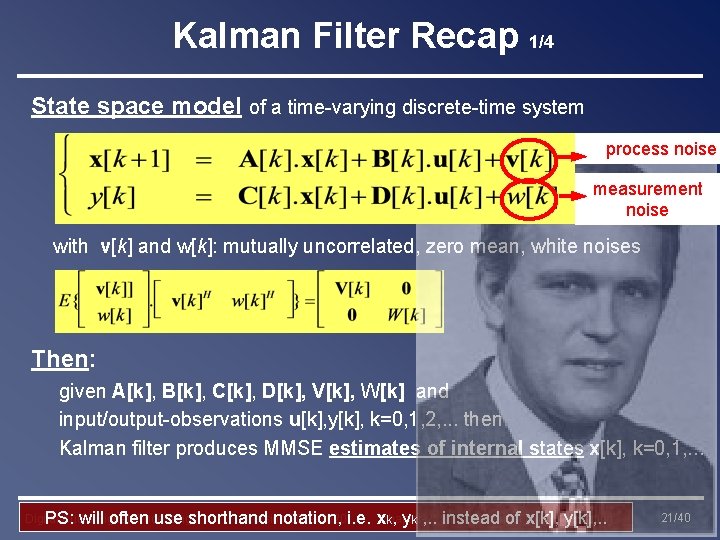 Kalman Filter Recap 1/4 State space model of a time-varying discrete-time system process noise