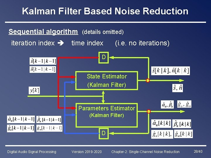 Kalman Filter Based Noise Reduction Sequential algorithm (details omitted) iteration index time index (i.