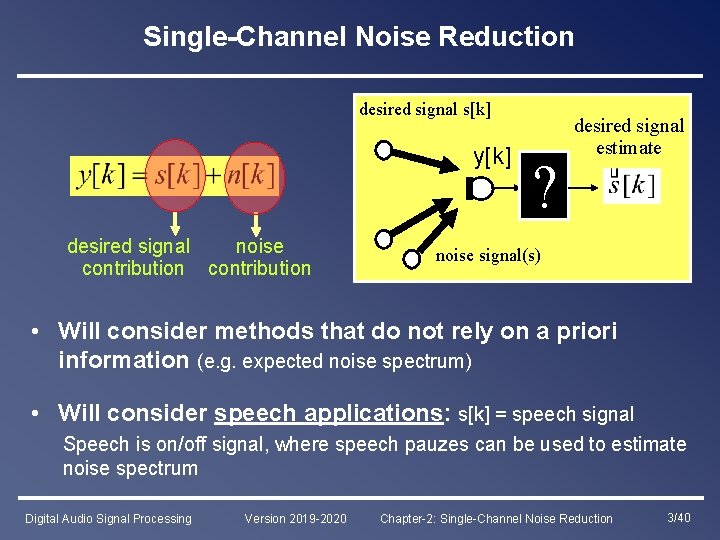Single-Channel Noise Reduction desired signal s[k] y[k] desired signal noise contribution ? desired signal