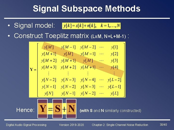 Signal Subspace Methods • Signal model: • Construct Toeplitz matrix (Lx. M, N=L+M-1) :