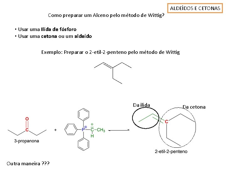 ALDEÍDOS E CETONAS Como preparar um Alceno pelo método de Wittig? • Usar uma