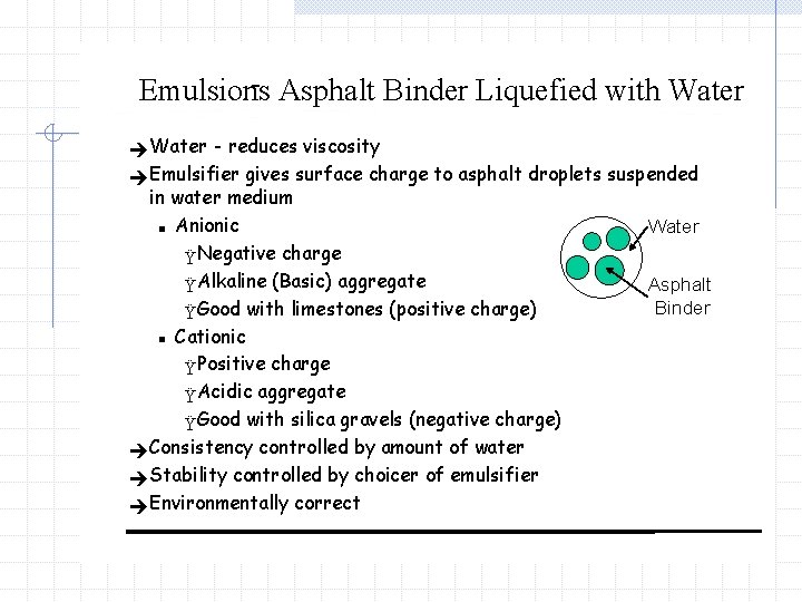 - Asphalt Binder Liquefied with Water Emulsions è Water - reduces viscosity è Emulsifier