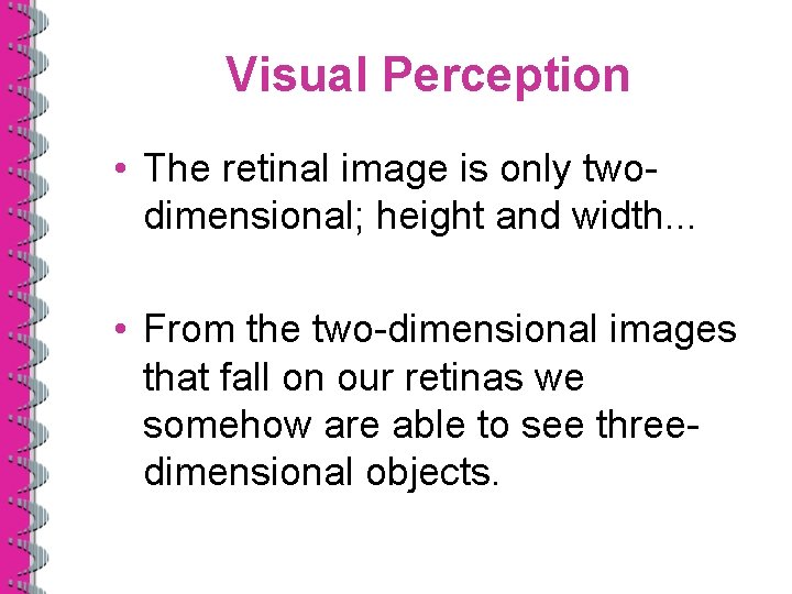 Visual Perception • The retinal image is only twodimensional; height and width. . .