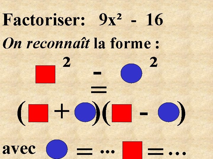 Factoriser: 9 x² - 16 On reconnaît la forme : ( avec ² =