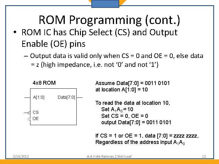 ROM Programming (cont. ) • ROM IC has Chip Select (CS) and Output Enable