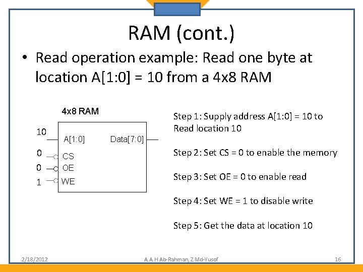 RAM (cont. ) • Read operation example: Read one byte at location A[1: 0]