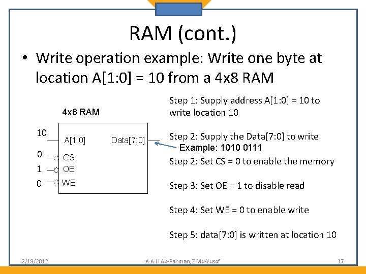 RAM (cont. ) • Write operation example: Write one byte at location A[1: 0]
